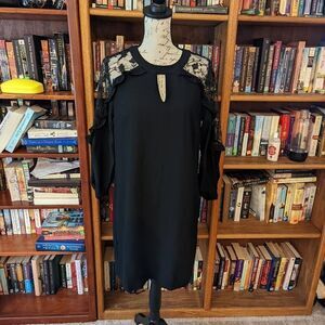 CECE black sheer long lace sleeve cold shoulder keyhole neck midi dress sz s nwt